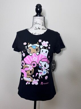 tokidoki Black Tee with Pink, White & Blue Kawaii Donutella  Character Graphic